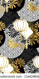 lamp paper lantern circles japanese chinese vector design pattern black gold