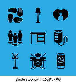 lamp, person inside a heart, rack, desktop, smartphone, drop counter, group, drum set and supportive hands vector icon. Simple icons set