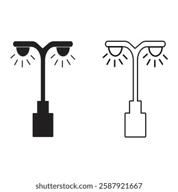 Lamp pillar row in public area. Street lighting pixel perfect linear icon. Night lamp row in black and white in white background icon set. Roadside night lamp pillar.