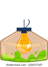 Lamp for plant gardening in jar, flower under light bulb power, isolated on white, vector illustration. Modern pot for natural leaf save