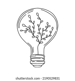 Lamp With plant in hand drawn doodle style. Eco Energy Concept. Vector illustration isolated on white background.