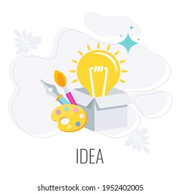 Lamp pops out of the cardboard box. Think outside the box creative idea. Idea to achieve the goal, for business development, training and innovation. Trendy flat vector style.