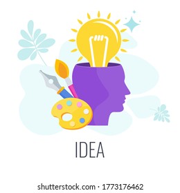 Lamp pops out of the human head. Think outside the box creative idea. Idea to achieve the goal, for business development, training and innovation. Trendy flat vector style.