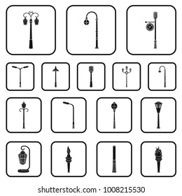 Lamp post black icons in set collection for design. Lantern and lighting vector symbol stock web illustration.