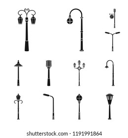Lamp post black icons in set collection for design. Lantern and lighting vector symbol stock web illustration.