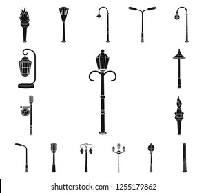 Lamp post black icons in set collection for design. Lantern and lighting vector symbol stock web illustration.