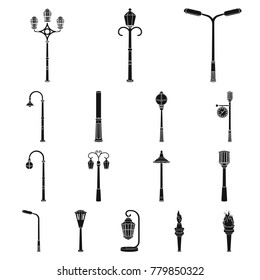 Lamp post black icons in set collection for design. Lantern and lighting vector symbol stock web illustration.