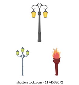 Lamp post cartoon icons in set collection for design. Lantern and lighting vector symbol stock web illustration.