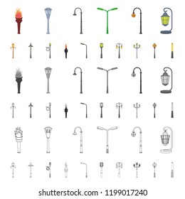 Lamp post cartoon icons in set collection for design. Lantern and lighting vector symbol stock web illustration.