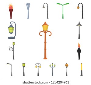 Lamp post cartoon icons in set collection for design. Lantern and lighting vector symbol stock web illustration.