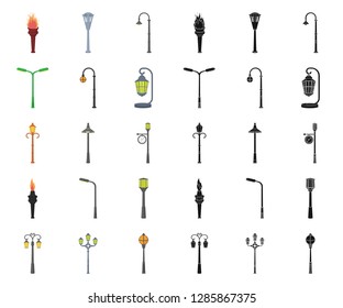 Lamp post cartoon,black icons in set collection for design. Lantern and lighting vector symbol stock web illustration.