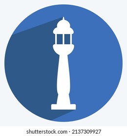 Icono de publicación de lámparas con un estilo de sombra largo y a la moda aislado en un fondo azul suave