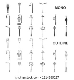 Lamp post monochrom icons in set collection for design. Lantern and lighting vector symbol stock web illustration.