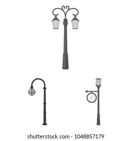 Lamp post monochrome icons in set collection for design. Lantern and lighting vector symbol stock web illustration.