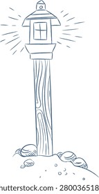 Lamp post on a wooden pole glowing above stones, with etched grain lines and radiating light. Symbol of guidance, safety, and direction for path and night journey. Cartoon vector illustration.