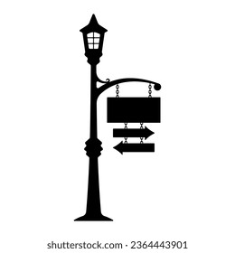 Lamp post with signboard icon. Signpost. Black silhouette. Front side view. Vector simple flat graphic illustration. Isolated object on a white background. Isolate.