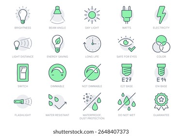 Lamp properties line icon set. Vector illustration include icon - brightness, beam angle, electric plug, lumen, flashlight, dimmer outline pictogram for light bulb. Green Color, Editable Stroke.
