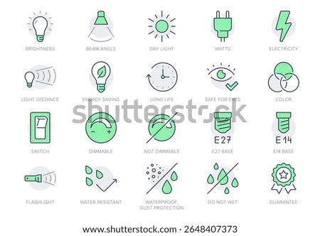 Lamp properties line icon set. Vector illustration include icon - brightness, beam angle, electric plug, lumen, flashlight, dimmer outline pictogram for light bulb. Green Color, Editable Stroke.