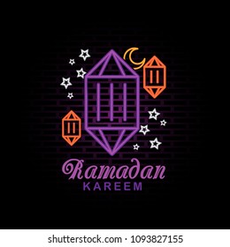 Lamp Ramadan kareem greeting cards neon sign. Glorious month of muslim year. Vector illustration
