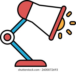 A lamp with a red base and a blue arm. The lamp is turned on and the light is shining brightly