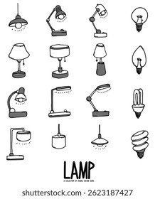 Conjunto de iconos de Vector Doodle relacionados con la lámpara. Línea dibujada a mano de la ilustración del bosquejo del dibujo.