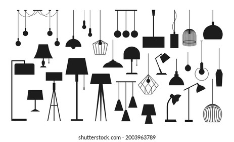 Lamp for room lighting. Vector icon set of silhouette pendant chandelier, table and floor lamp, chandeliers, bulbs, illuminator. Elements for modern home interior in flat cartoon style.Furniture icons