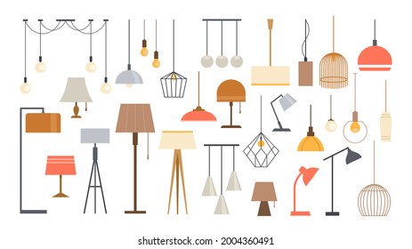 Lamp for room lighting. Vector icon set of colorful pendant chandelier, table and floor lamp, chandeliers, bulbs, illuminator. Elements for modern home interior in flat cartoon style.Furniture icons