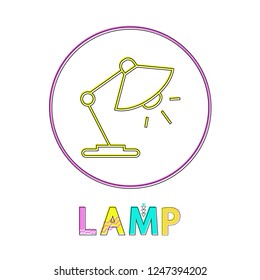 Lamp round bright linear icon template for app. Table light inside circle on outline button, modern gadgets element isolated vector illustration.