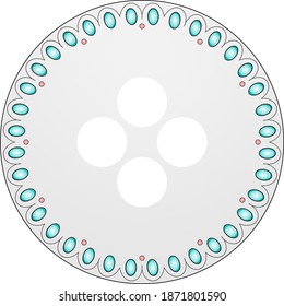 The lamp is round in shape and pale in color, encrusted with a simple ornament around the perimeter . Illustration of a modern lamp with a simple shape.