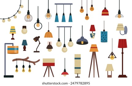 Lamp set, chandelier collection. Light shade home interior isolated decorative elements. Old and modern decor. Icon design for ceiling. Retro lantern room, different bulb. Vector flat tidy