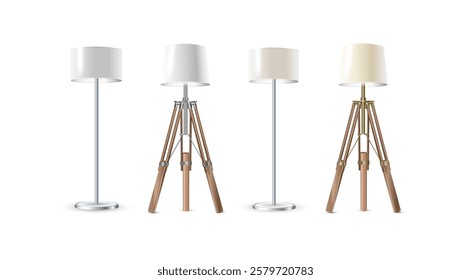 Lamp Set Closeup Isolated on White Background. Floor Lamps. Electric Torchere for Interior Design, Energy Furniture. Vector