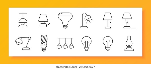 Icono de conjunto de lámpara. Bombilla, techo, escritorio, piso, mesita de noche, luz, vintage, moderno, iluminación, electricidad, diseño, decoración, interior, habitación, tecnología, accesorio, energía, hogar, brillante, electrodoméstico