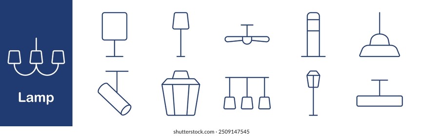 Lamp set icon. Chandelier, desk lamp, floor, ceiling fan, outdoor light, pendant, spotlight, table, hanging, lighting fixture, home, interior, decor, illumination, electricity