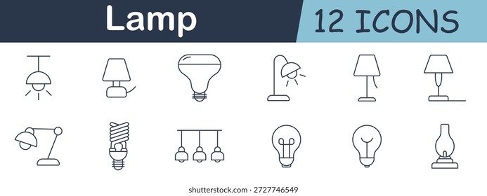 Lampensatzsymbol. Hängeleuchten, Schreibtischlampen, Glühbirnen, Stehlampen, Tischlampen, Öllampen, Scheinwerfer und Energiesparlampen in elektrischen Licht Thema.