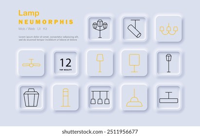 Lamp set icon. Lighting, lamp, chandelier, light fixture, illumination, indoor lighting, home decor, neomorphic style, interior design