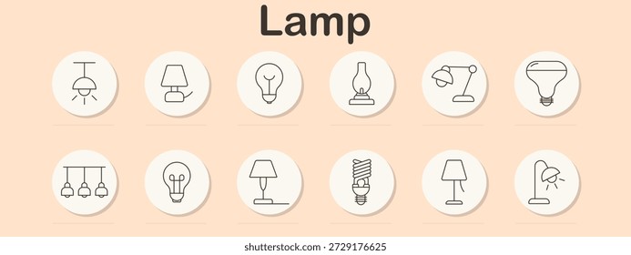 Ícone do conjunto de lâmpadas. Pingente, mesa, lâmpada, lâmpada a óleo, lâmpada de mesa, lâmpada led, luzes de teto, lâmpada dupla, mesa de cabeceira, lâmpada espiral, holofote.