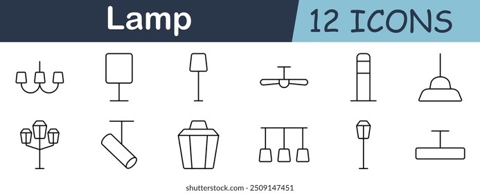 Lamp set icon. Pendant, wall, floor, desk, bulb, spotlight, chandelier, LED, light, ceiling, sconce, decor.