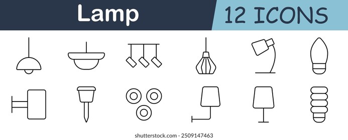 Lamp set icon. Pendant, wall, floor, desk, bulb, spotlight, chandelier, LED, light, ceiling, sconce, decor.