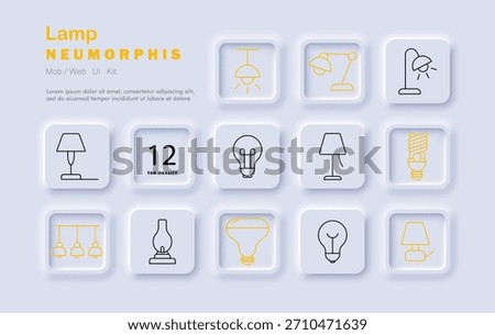 Lamp set icon. Table lamp, bulb, ceiling, desk light, vintage lamp, LED, spotlight, chandelier, floor lamp, energy saving, lighting
