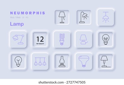 Lampensatzsymbol. Tischleuchten, Stehlampen, Hängeleuchten, Tischleuchten, Lampenformen, Spiralbirne, Öllampe, Scheinwerfer, Pendelleuchte in pneumorpher Schnittstelle