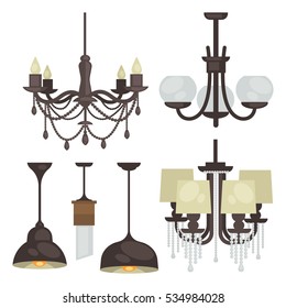 Lamp set isolated. Interior light design. Electricity lamps. Chandeliers Lamps light interior decoration modern and classic style.