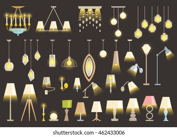 Lamp set isolated on black background. Interior light design vector illustration. Electricity floor, table, wall  interior decoration modern and classic style. Turn on