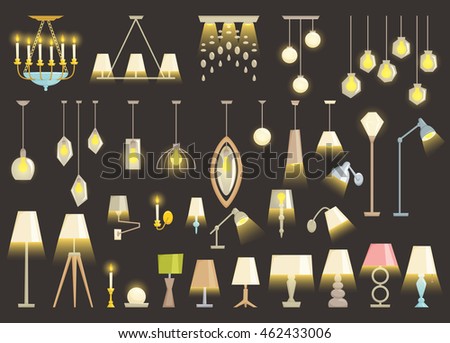 Lamp set isolated on black background. Interior light design vector illustration. Electricity floor, table, wall  interior decoration modern and classic style. Turn on