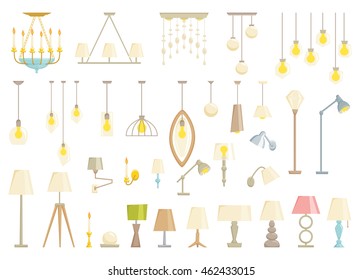 Lamp set isolated on white background. Interior light design vector illustration. Electricity floor, table, wall decoration modern and classic style. Turn off