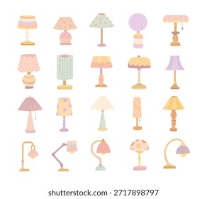 Lampe im skandinavischen Stil mit verschiedenen Innenraumtisch und Schreibtischbeleuchtung Formen für gemütliche Innendekoration Projekte und warme Home Illustration Design braucht Zwecke