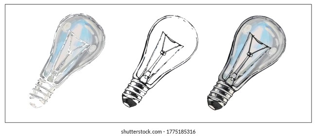 Lamp. Set of vector isolated image of a glass incandescent lamp. You can rotate, resize. Interior items.