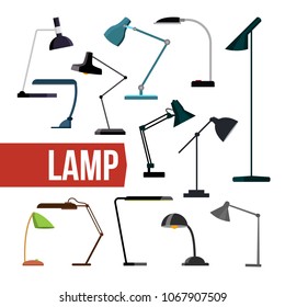 Lamp Set Vector. Table Desk Office Modern Lamps. Indoor Electricity Creative Modern Furniture Light. Home Bulb Decoration. Bright Energy Lantern Sign. Isolated Flat Illustration
