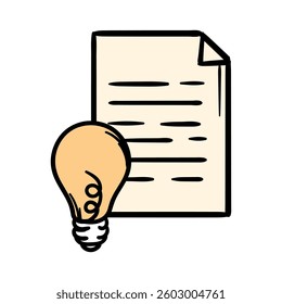 Lamp. A sheet of paper. Idea. A simple vector hand-drawn icon for the design of a website, application, flyer. Illustration isolated on white background
