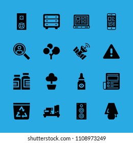 lamp, shelf, satellite, warning, chest of drawers, speaker, news paper, plant and smartphone vector icon. Simple icons set