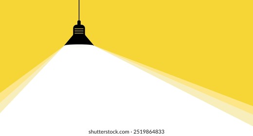 La lámpara brilla en el Anuncio amarillo. Vector de proyector plano sobre fondo amarillo con espacio para texto. Ilustración vectorial